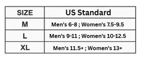Size chart for US Standard men's and women's shoes with size ranges.