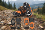 The Adirondack Tool Co.'s microspikes in black and orange with included storage case and fitting strap