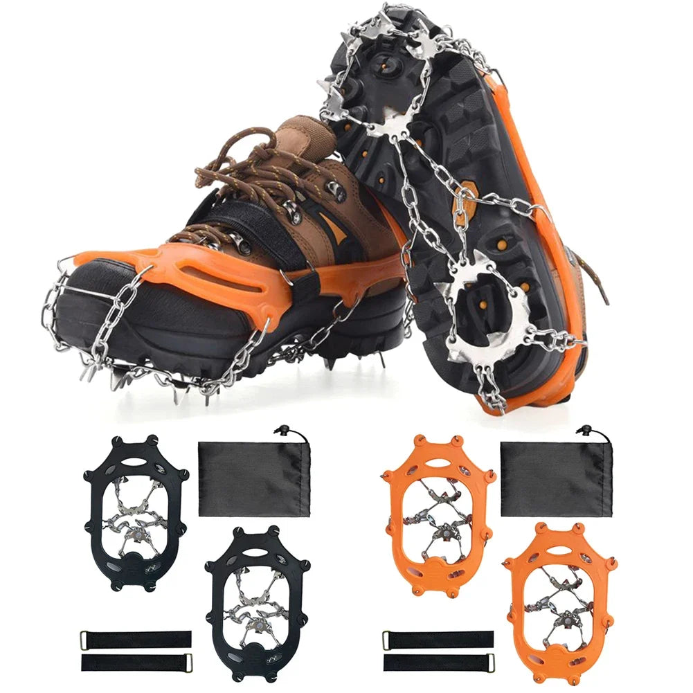 The Adirondack Tool Co.'s microspikes in black and orange with included storage case and fitting strap