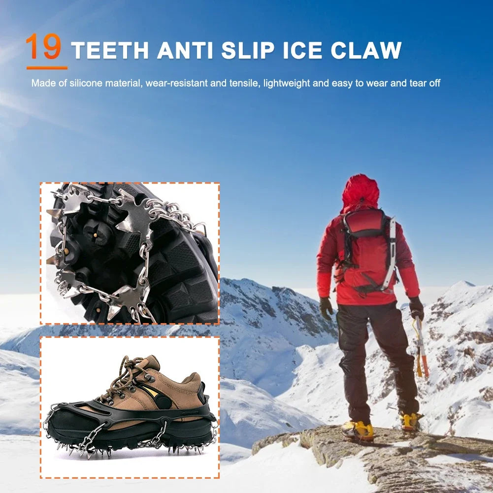 The Adirondack Tool Co.'s 19-tooth microspikes with text on a snowy mountain background