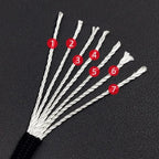 White braided cable with numbered red markers on a black background