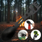 Black multi-tool spoon and fork set with inset images showing its use.