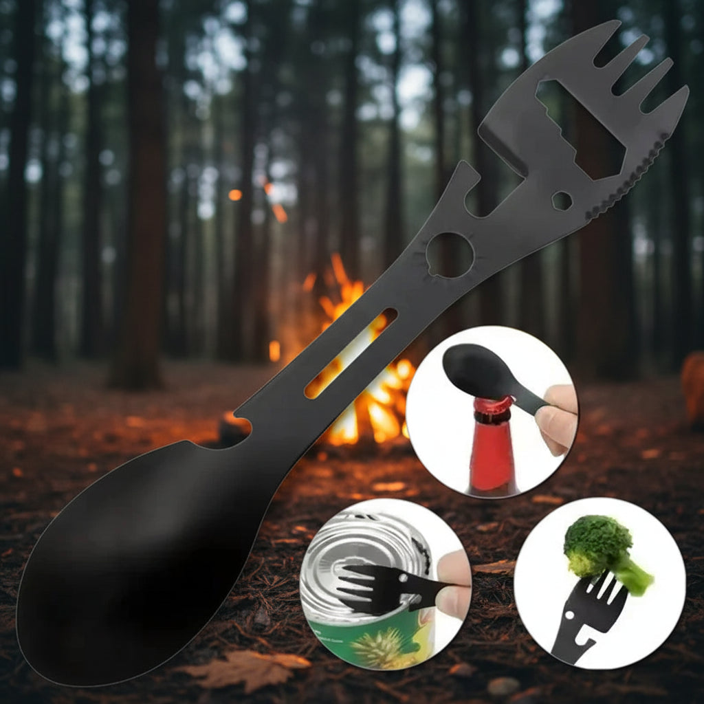 Black multi-tool spoon and fork set with inset images showing its use.