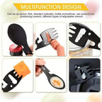 Multifunctional tool with various attachments including a spoon, fork, bottle opener, and wrench.