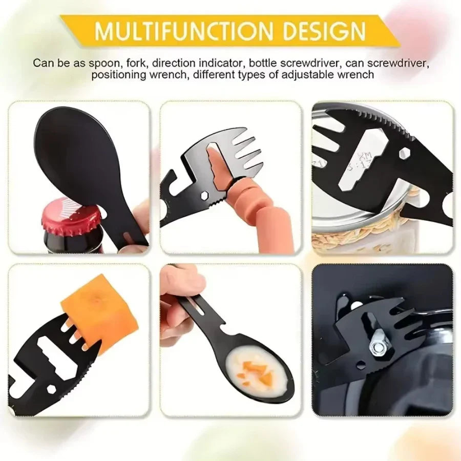 Multifunctional tool with various attachments including a spoon, fork, bottle opener, and wrench.
