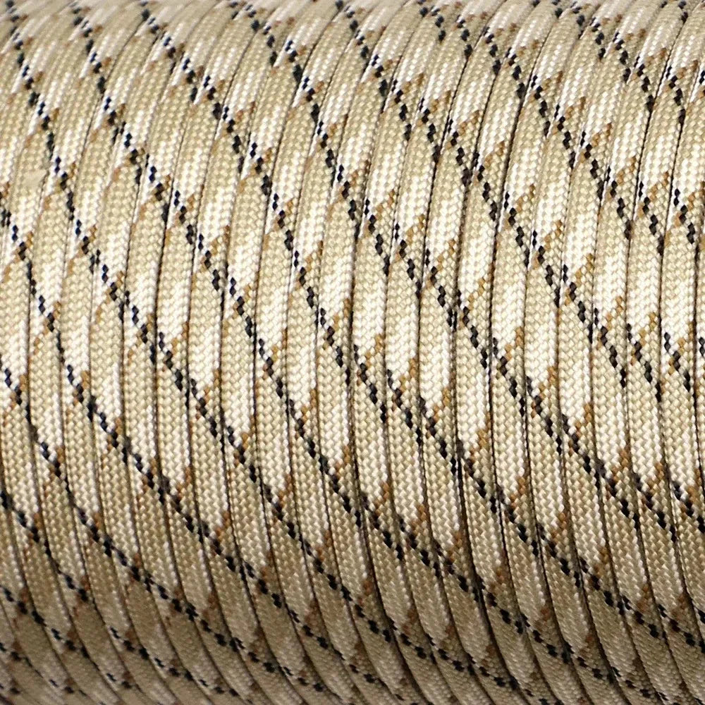 Close-up of braided rope with a beige and black pattern