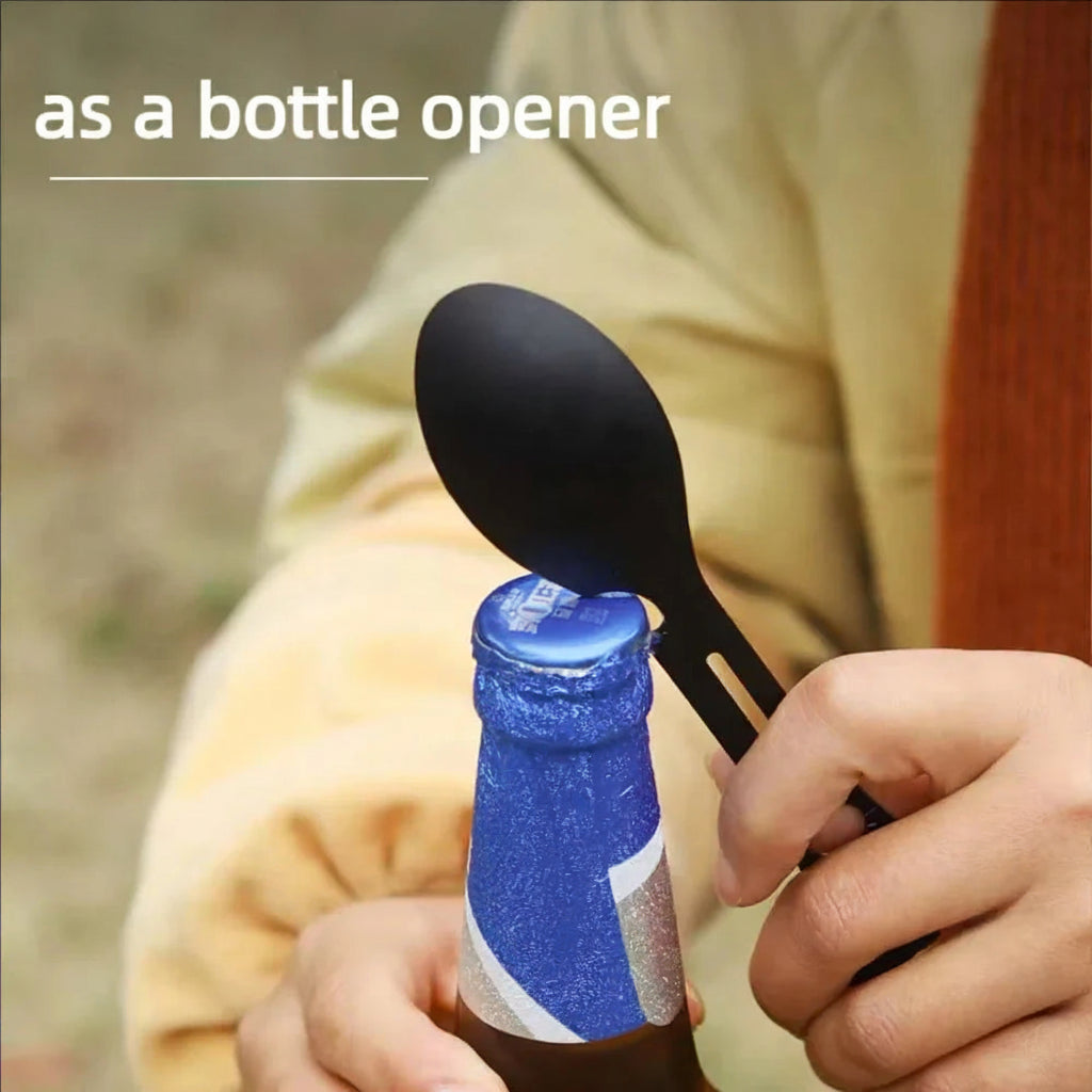 Person using a spoon as a bottle opener on a blue bottle with text indicating its multiple uses.