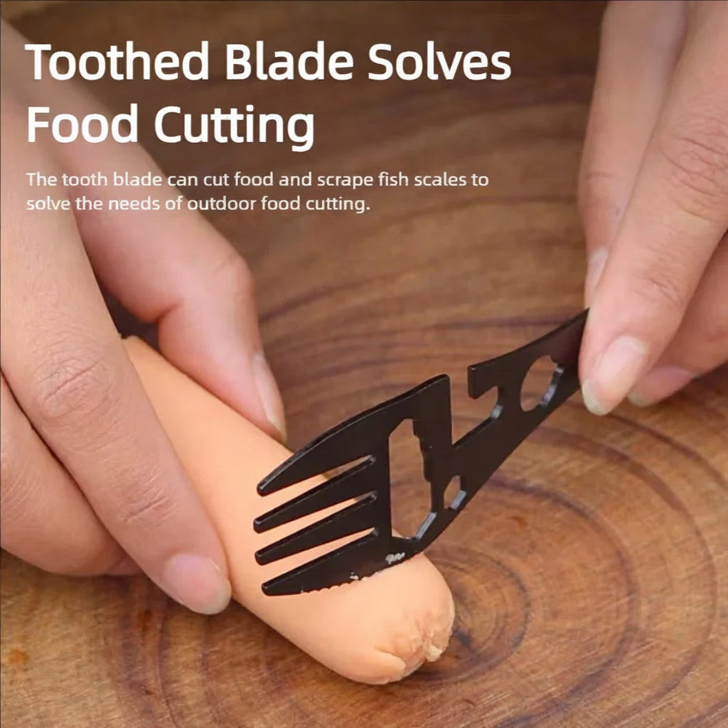 Toothed blade being used to cut food on a wooden surface with text about its uses.