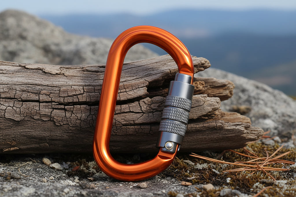 Orange carabiner with a silver locking mechanism on a white background - offered by the best hiking and climbing gear store in New York, The Adirondack Tool Company