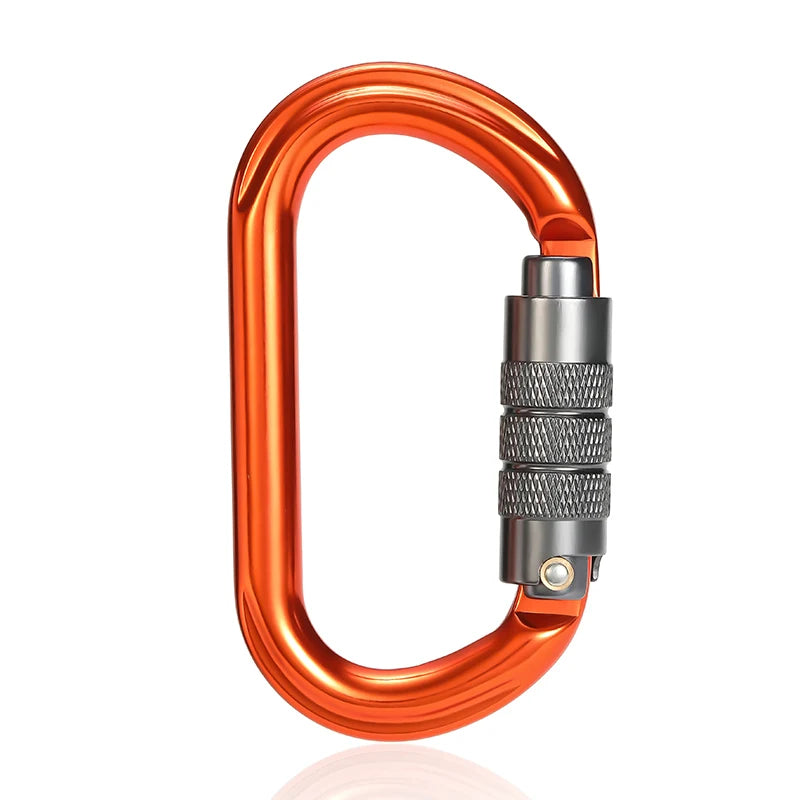 Orange carabiner with a silver locking mechanism on a white background - offered by the best hiking and climbing gear store in New York, The Adirondack Tool Company