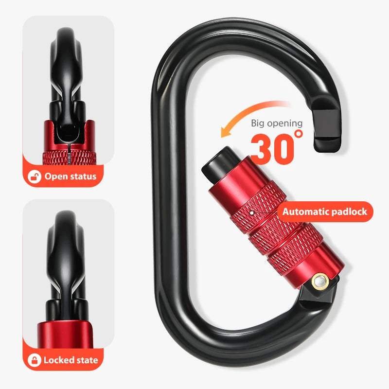Black carabiner with details about its locking system on a white background - offered by the best hiking and climbing gear store in New York, The Adirondack Tool Company