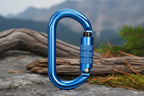 Blue carabiner on a white background - offered by the best hiking and climbing gear store in New York, The Adirondack Tool Company