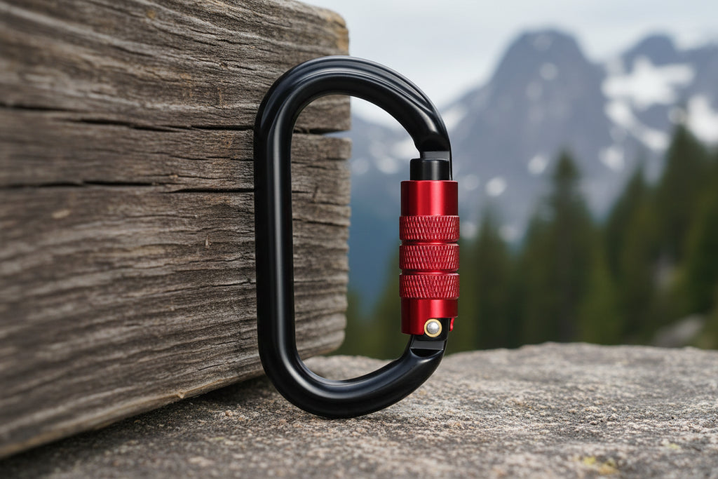 Black and red carabiner on a white background - offered by the best hiking and climbing gear store in New York, The Adirondack Tool Company