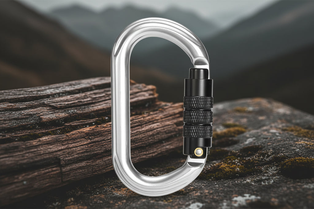 Silver carabiner with a black locking mechanism on a white background - offered by the best hiking and climbing gear store in New York, The Adirondack Tool Company