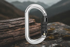 Silver carabiner with a black locking mechanism on a white background - offered by the best hiking and climbing gear store in New York, The Adirondack Tool Company