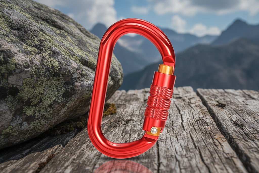 Red carabiner on a white background - offered by the best hiking and climbing gear store in New York, The Adirondack Tool Company