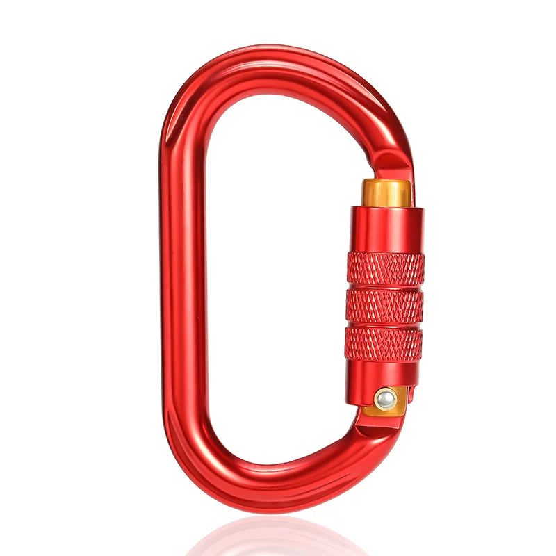 Red carabiner on a white background - offered by the best hiking and climbing gear store in New York, The Adirondack Tool Company
