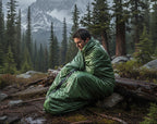 Green emergency bag from The Adirondack Tool Co. with drawstring bag, shown on a man.