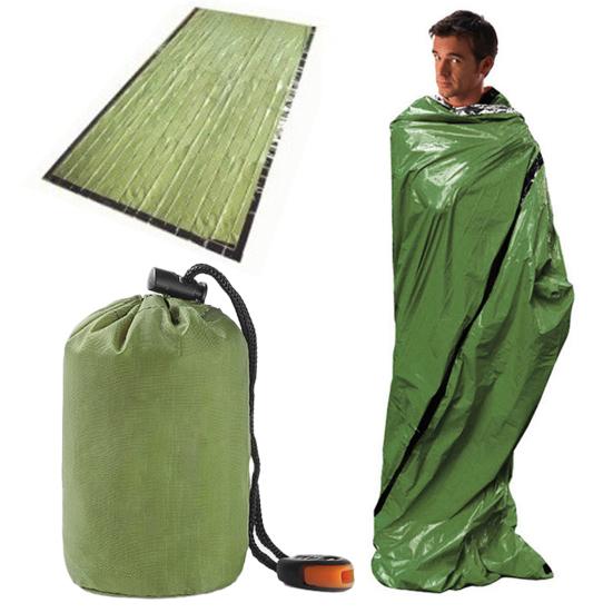 Green emergency bag from The Adirondack Tool Co. with drawstring bag, shown on a man.