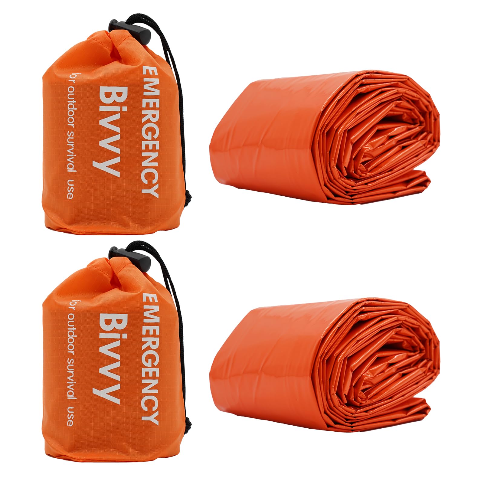 Two orange emergency bivvy sacks from The Adirondack Tool Co. with drawstrings on a white background