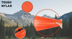 Orange mylar sheet (emergency bivvy bag material) with features highlighted on a gray background