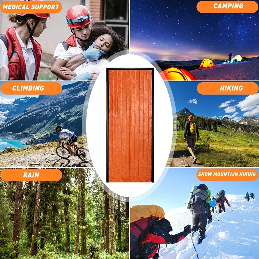 Collage of outdoor activities that may require an emergency bivvy bag with a central focus on the orange version of the bag, labeled 'Climbing', 'Camping', 'Hiking', 'Rain', and 'Snow Mountain Hiking'.