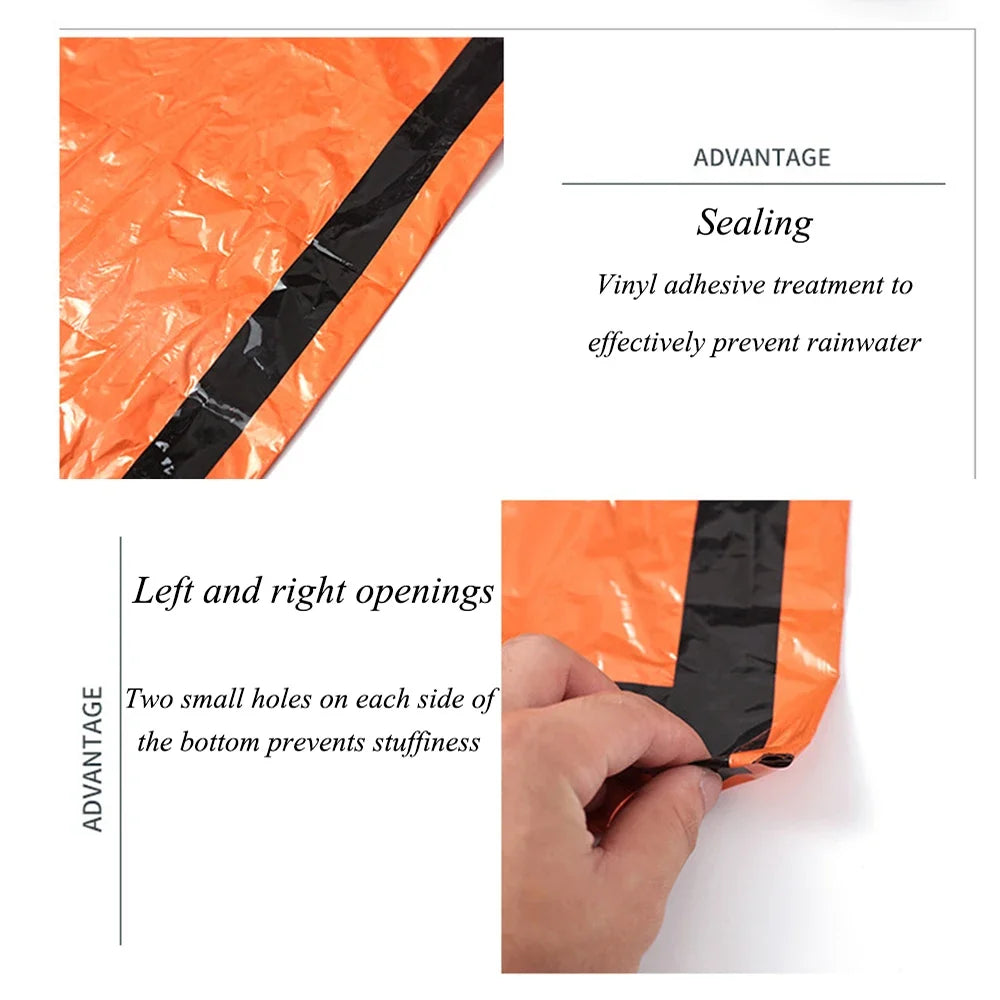 Orange mylar cover with black adhesive strip, showing sealing and opening features of the emergency bivvy bag from The Adirondack Tool Co.
