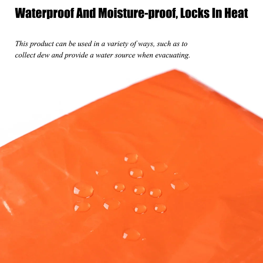 Orange waterproof material from the Adirondack Tool Co.'s Emergency Bivvy Bag with text about its properties on a white background