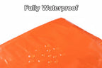 Orange waterproof material from the Adirondack Tool Co.'s Emergency Bivvy Bag with text about its properties on a white background