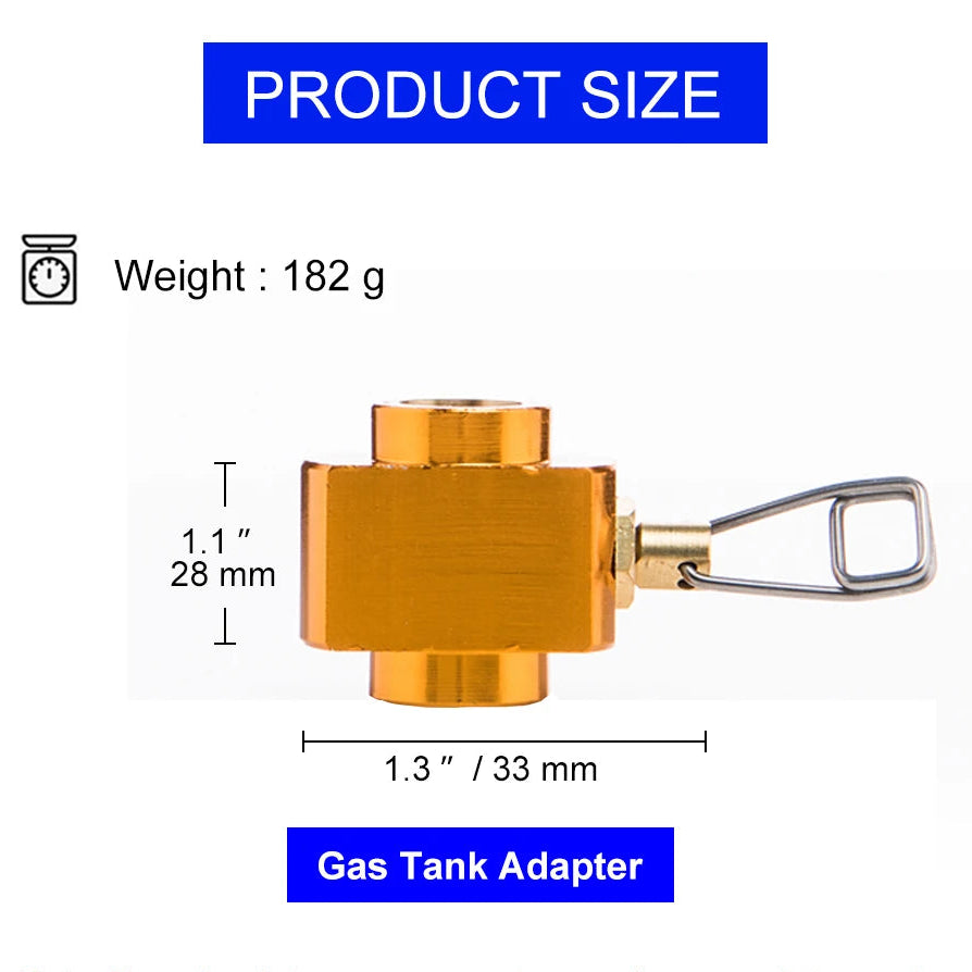 Orange gas tank adapter with measurements and product size label on a white background. Offered by The Adirondack Tool Company