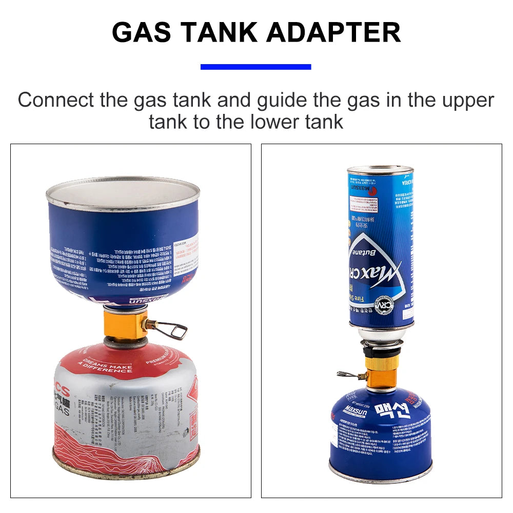 Gas tank adapter connecting two gas canisters with text instructions on a white background. Offered by The Adirondack Tool Co. 