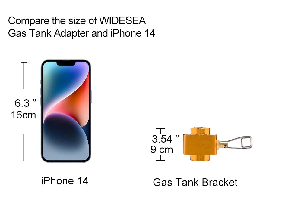 Gas tank adapter with dimensions compared to an iPhone 14 on a white background