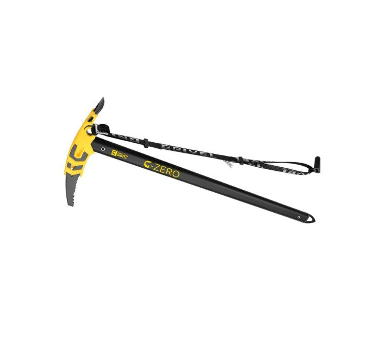 Black ice axe with yellow accents on a white background