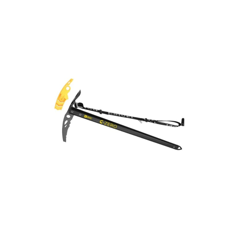 Black ice axe with yellow accents on a white background