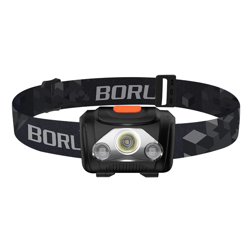 LED headlamp with black strap on a white background