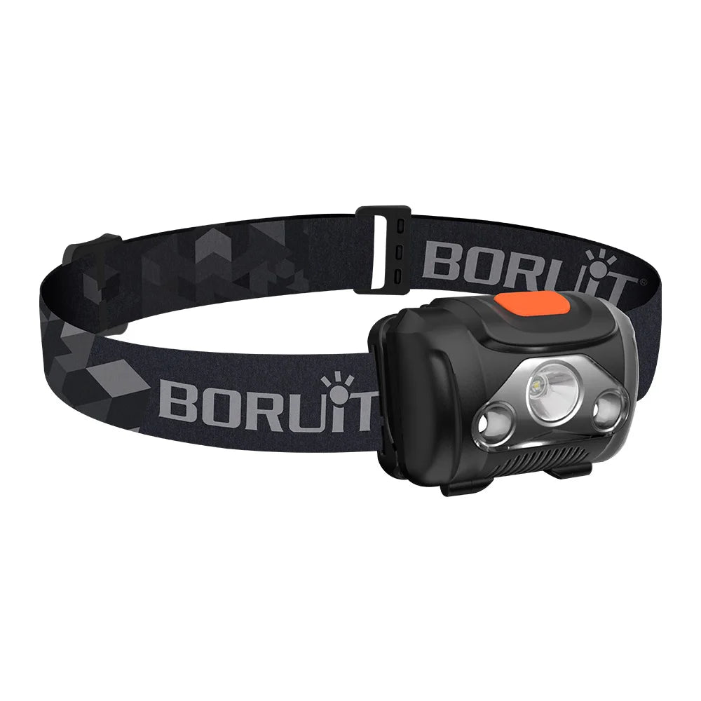 BORUiT LED headlamp with black strap on a white background