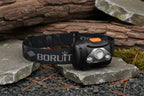 BORUiT LED headlamp with black strap on a white background