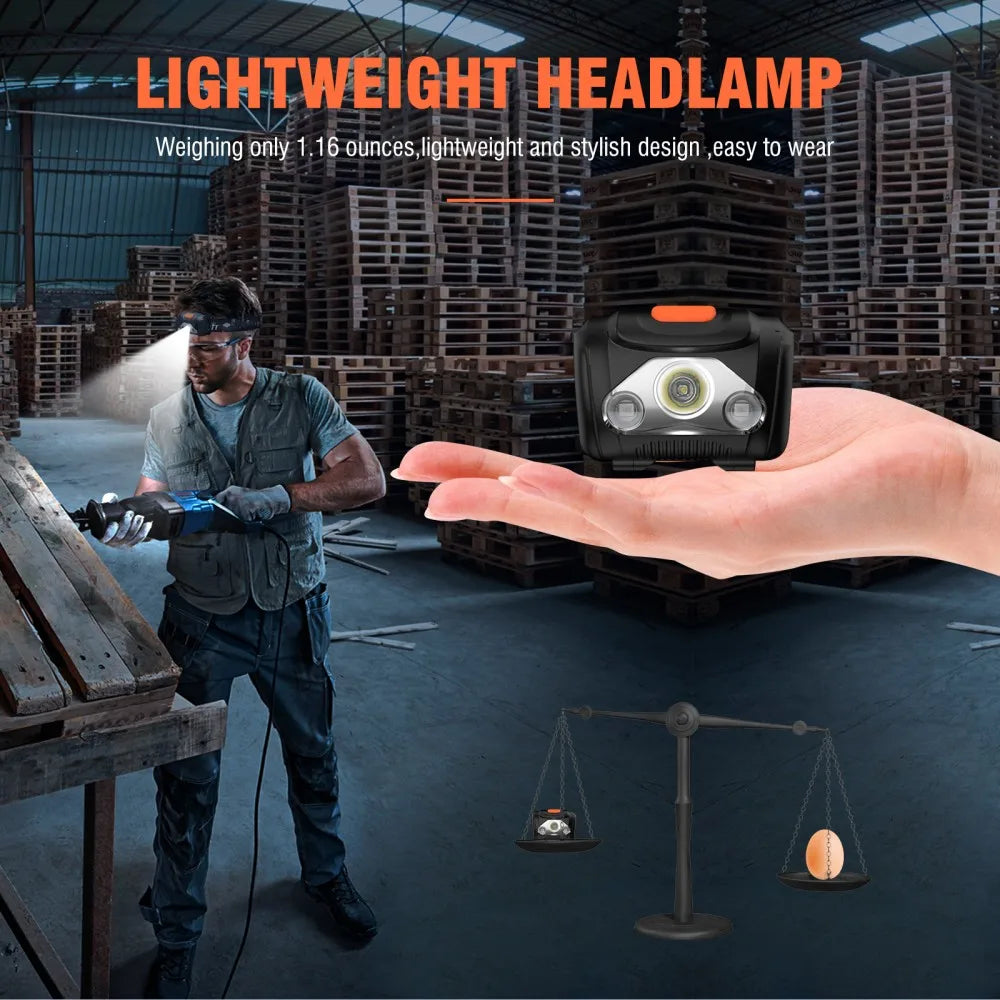 Person using a headlamp in a warehouse setting with text highlighting its lightweight and stylish design.