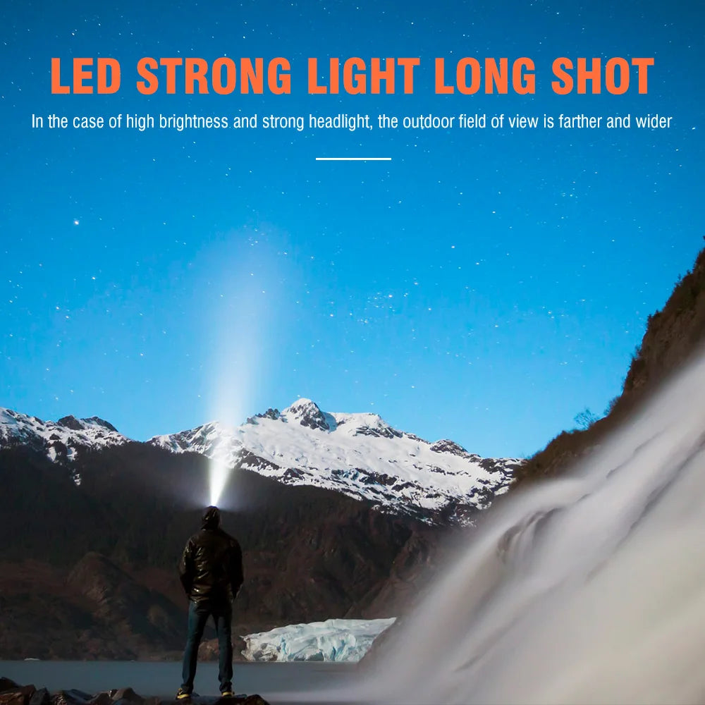 Person with a headlamp from the ADK Tool Co. illuminating a mountain landscape