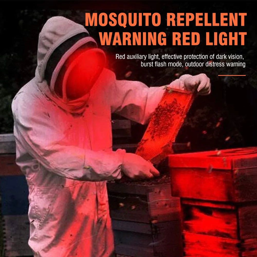 Person in beekeeping suit with red led headlamp illuminating a hive, warning of mosquito repellent.