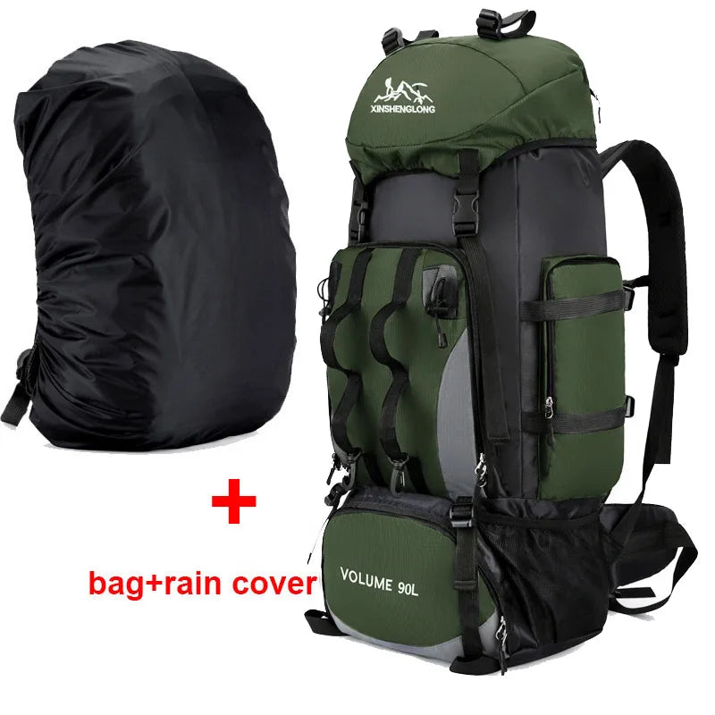 Green hiking backpack with rain cover and volume label on a white background