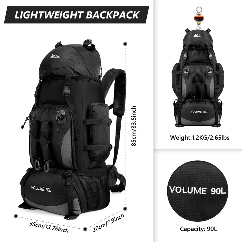 Black backpack with volume 90L, weight 1.2KG/2.65lbs, dimensions 85cm/33.5inch, 35cm/13.78inch, and 20cm/7.9inch displayed.