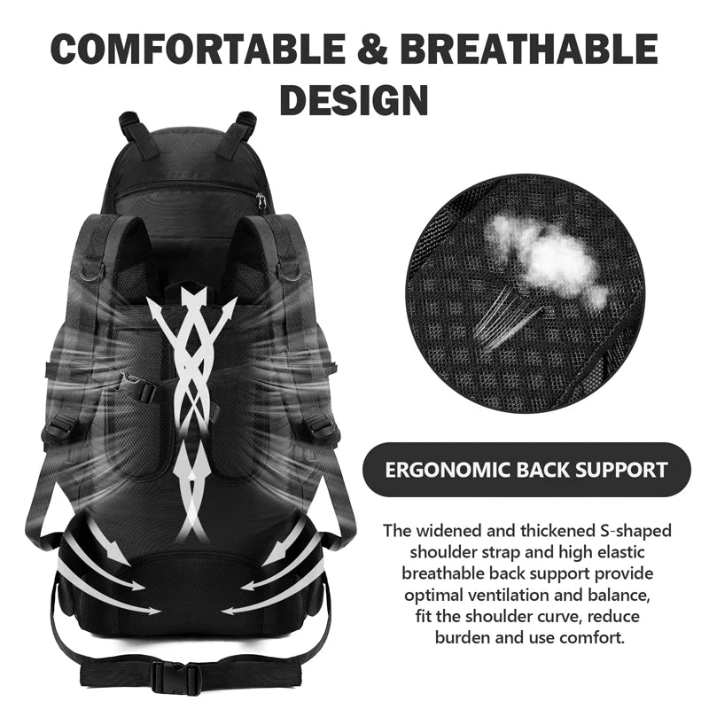Black hiking backpack with ergonomic design, features, and text, highlighting comfort and support.