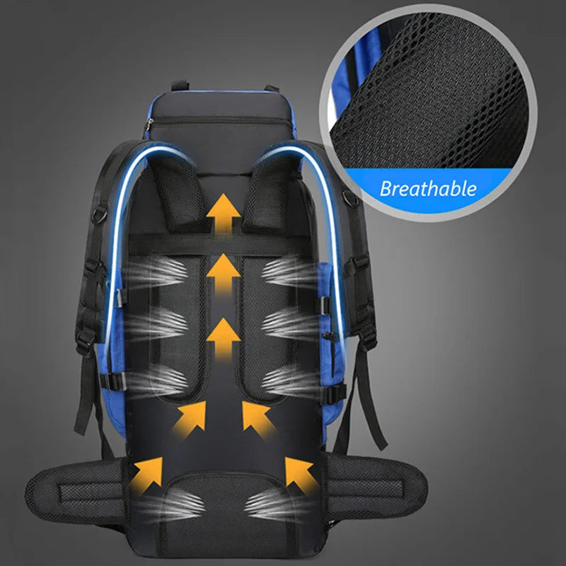 Backpack with ventilation arrows and a close-up of breathable material on a gray background