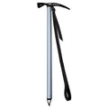 Silver ice axe with a black strap on a white background