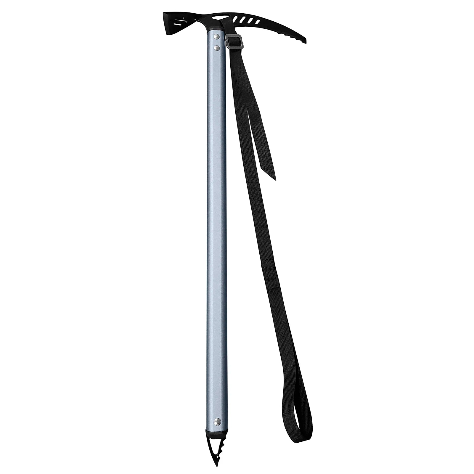 Silver ice axe with a black strap on a white background
