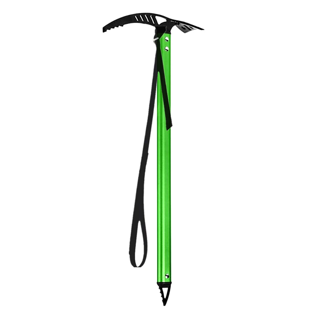 Green ice axe with black strap on a white background