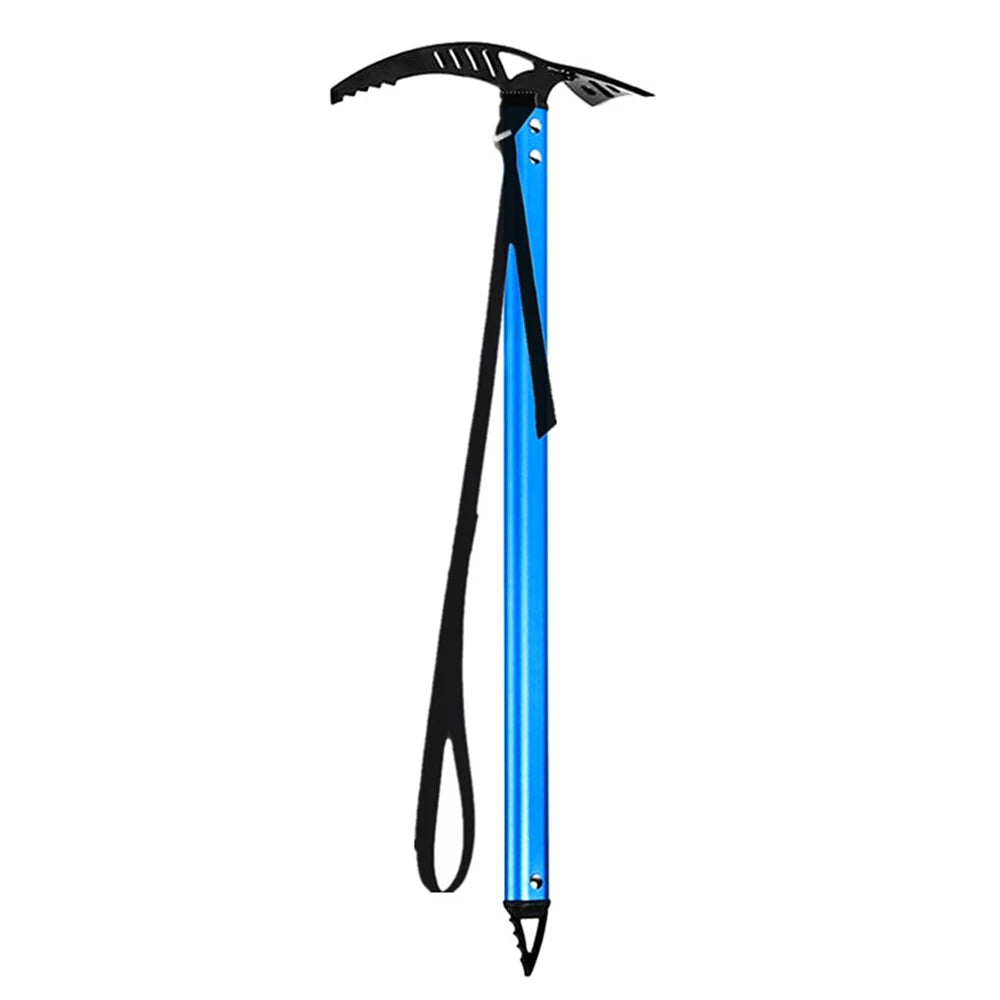 Blue ice axe with black strap on a white background