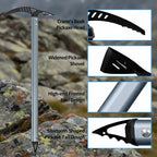 Adirondack Tool Co. silver ice axe with design features and labels on a white background