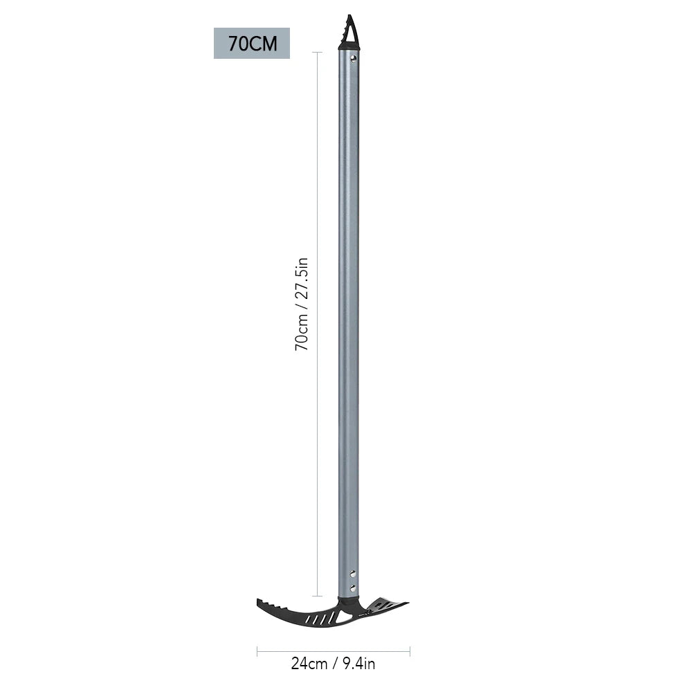 The Adirondack Tool Co.'s silver ice axe with length and width dimensions labeled on a white background